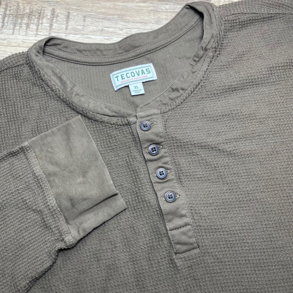 Tecovas Mens XL Olive Brown Waffle Knit Pima Cotton Long Sleeve Henley Shirt